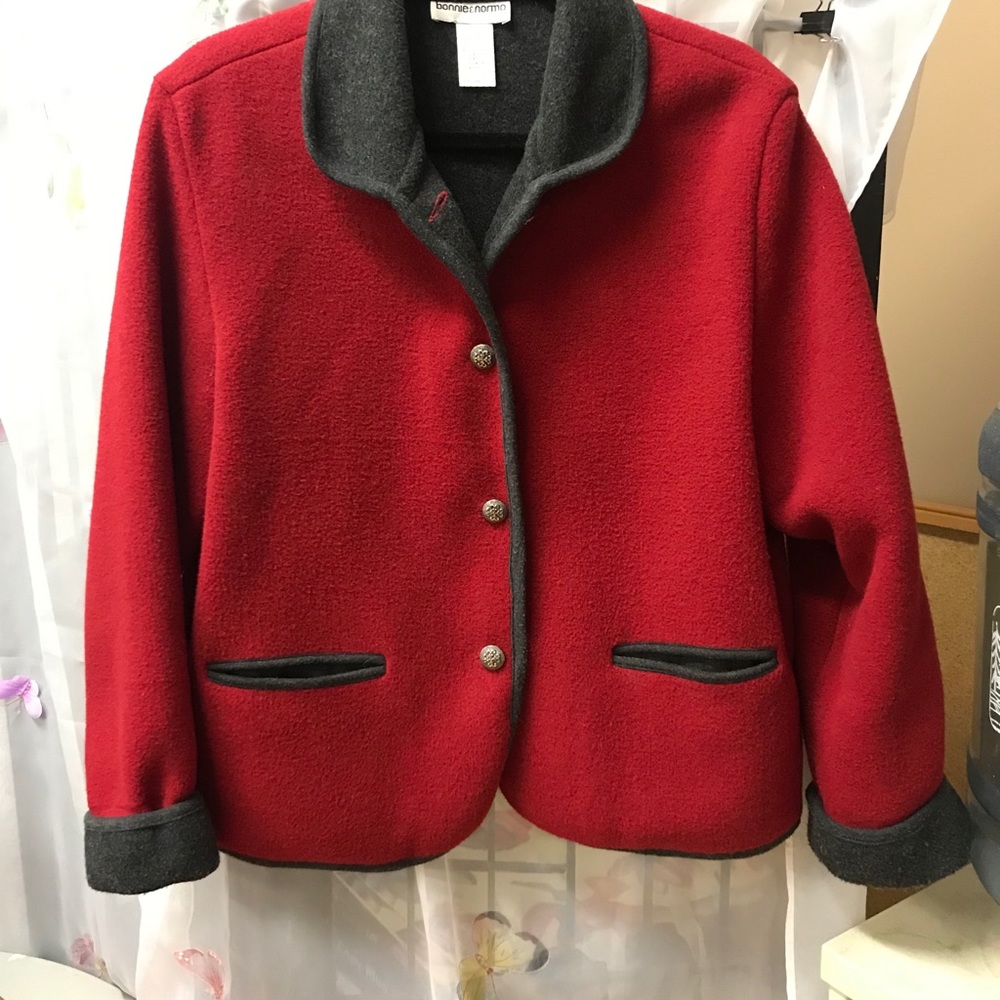 Ladies wool blend jacket: red and grey